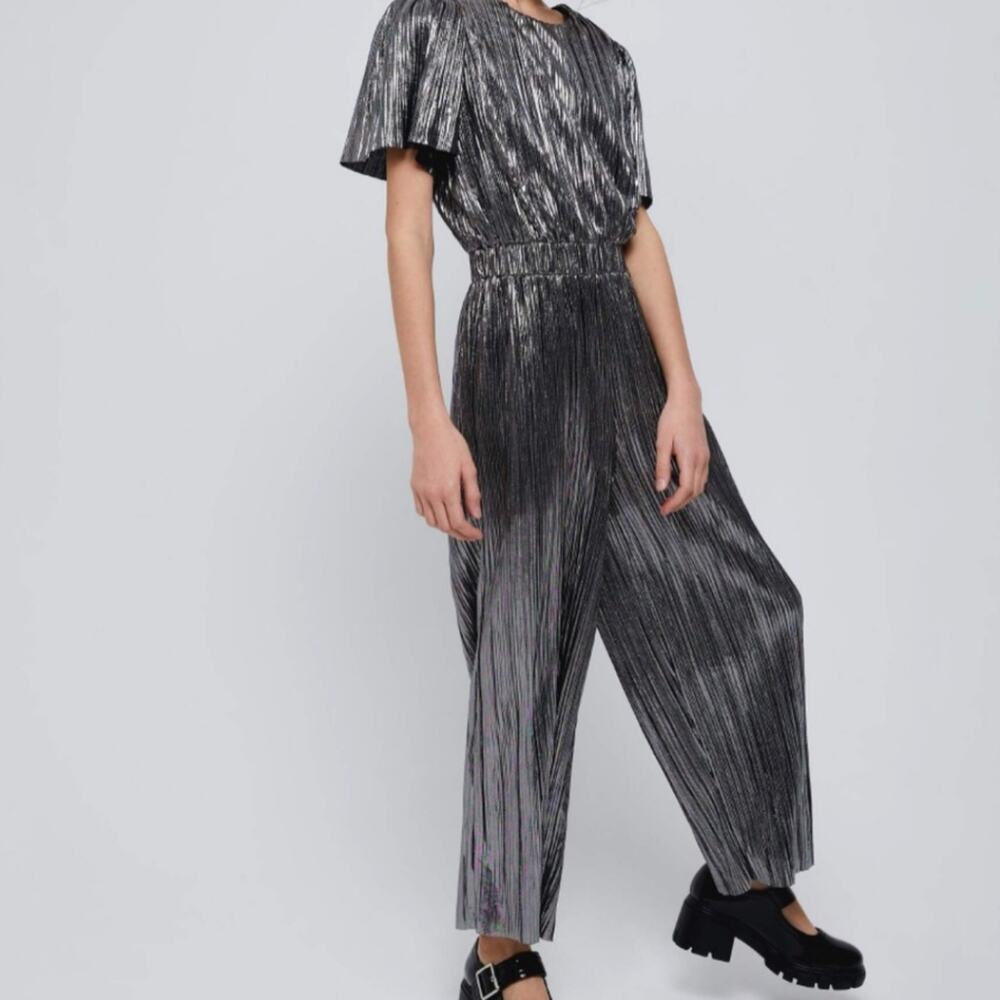 IRO Chimbote Black Silver Metallic Plisse Pleated Jumpsuit 34 XS NWT